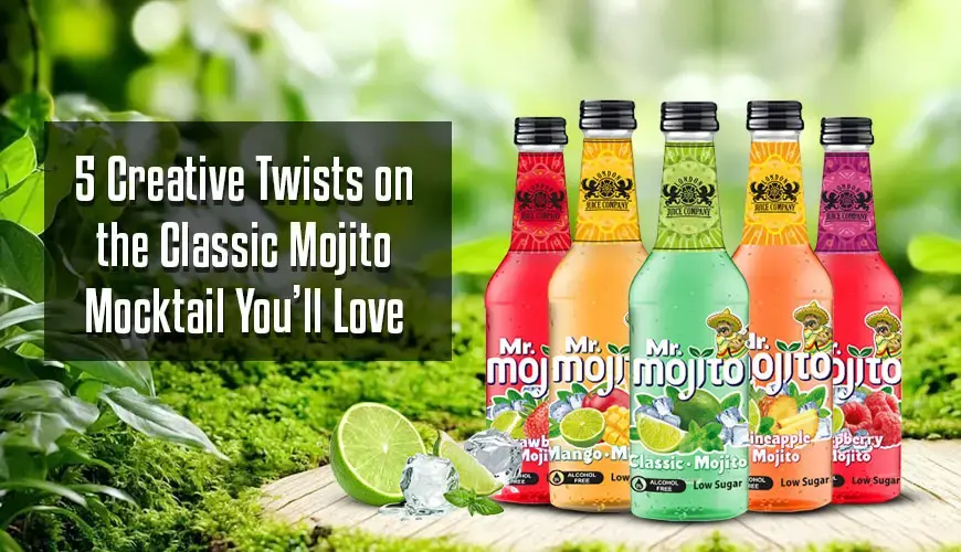 Mr. Mojito flavoured mojito mocktails—mango, lemon mint, apple, classic, strawberry—low-sugar non-alcoholic drinks